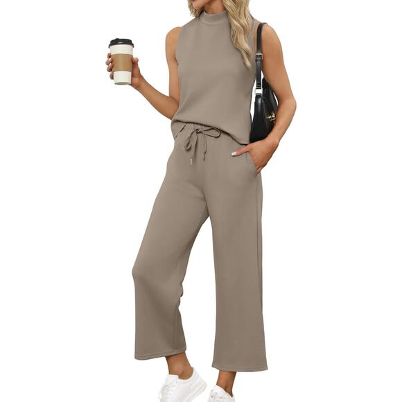 SAMPEEL Two Piece Sets for Women Summer Outfits Lounge Sets Mock Neck Tops Wide - Picture 1 of 5